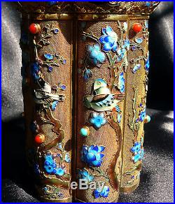 Fine Chinese Silver Filigree Jeweled & Enamel Birds on Branches Tea Caddy Box