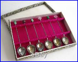 Fine Old Chinese Sterling Silver Jade Rose Quartz Spoon Set in Presentation Box
