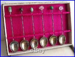 Fine Old Chinese Sterling Silver Jade Rose Quartz Spoon Set in Presentation Box
