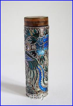 Fine antique Chinese silver and enamel phoenix cylinder box c. 1900