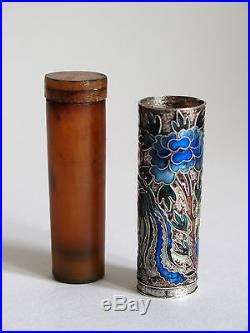 Fine antique Chinese silver and enamel phoenix cylinder box c. 1900