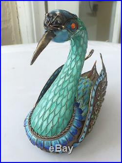 Fine chinese silver swan enamel covered box and cover