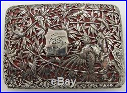 Finely pierced Chinese Export silver CIGAR/CARD CASE. Large BIRDS. WA c. 1890