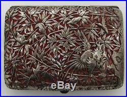 Finely pierced Chinese Export silver CIGAR/CARD CASE. Large BIRDS. WA c. 1890