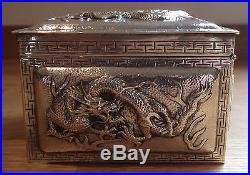 Good Large 19th Century Chinese Export Silver Box Five Dragons Wang Hing