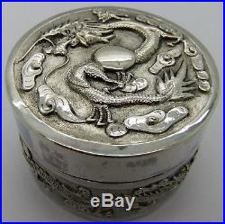 Good CHINESE EXPORT solid silver BOX. 3 REPOUSSED large DRAGONS. Signed c. 1900