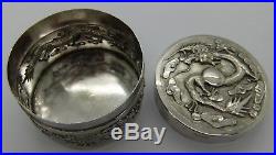 Good CHINESE EXPORT solid silver BOX. 3 REPOUSSED large DRAGONS. Signed c. 1900