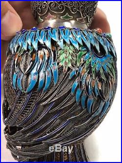 Gorgeous Chinese Gilt Sterling Silver Multi Enamel Inlay Stone OWL Tea Caddy Box