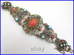 Gorgeous Early Chinese Export Sterling Coral & Turquoise Bracelet