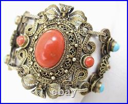 Gorgeous Early Chinese Export Sterling Coral & Turquoise Bracelet