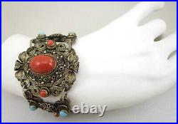 Gorgeous Early Chinese Export Sterling Coral & Turquoise Bracelet