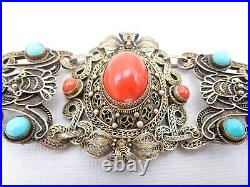 Gorgeous Early Chinese Export Sterling Coral & Turquoise Bracelet