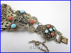 Gorgeous Early Chinese Export Sterling Coral & Turquoise Bracelet