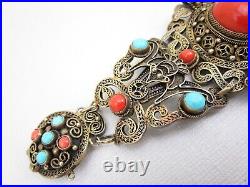 Gorgeous Early Chinese Export Sterling Coral & Turquoise Bracelet