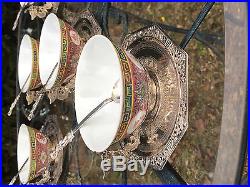 Gorgeous set 6 CHINESE Porcelain & Silver Tea Cups Saucers & Spoons Saigon w Box