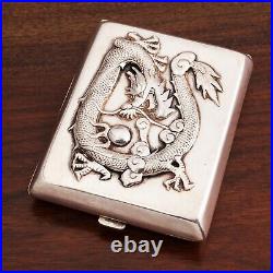 Heavy Chinese Export Silver Cigarette, Card Case Dragon & Pearl Left Hand Open