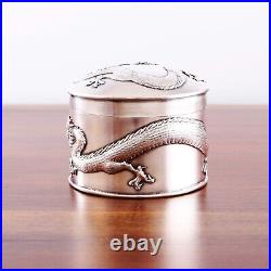 Hung Chong Chinese Sterling Silver Circular Box Applied Sinuous Dragons No Mono