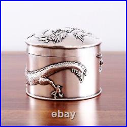 Hung Chong Chinese Sterling Silver Circular Box Applied Sinuous Dragons No Mono