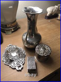 Hung Chong Zeewo Chinese export Silver vase, boxes, & tray 450.38 gm