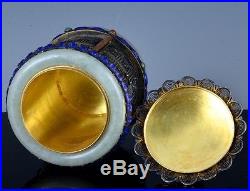 Intricate Chinese Sterling Silver Enamel Jadeite Ring Jewelled Tea Caddy Jar Box