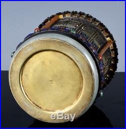 Intricate Chinese Sterling Silver Enamel Jadeite Ring Jewelled Tea Caddy Jar Box