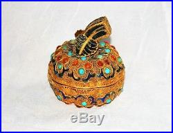 JEWELED CHINESE BOX GILT SILVER ENAMELED Fruit Form Trinket Ring Excellent