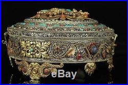 Jan033 Chinese Tibetan Silver Coral Gemstone Lazuli Kwanyin Buddha Round Box