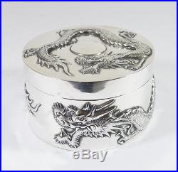 LARGE 245 GR ANTIQUE CHINESE EXPORT SILVER TRINKET BOX DRAGON SUN by SING FAT