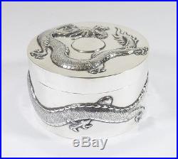 LARGE 245 GR ANTIQUE CHINESE EXPORT SILVER TRINKET BOX DRAGON SUN by SING FAT