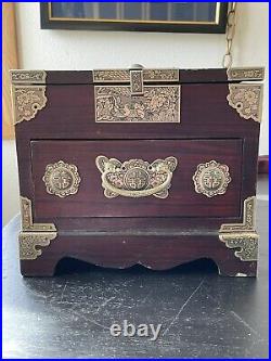 LARGE ANTIQUE CHINESE ADORNED w SILVER HINGED WOODEN TRAVEL STORAGE/JEWELRY BOX
