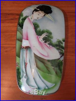 LARGE Antique Chinese Porcelain Shard in Silver Plated Box Painted with Lady