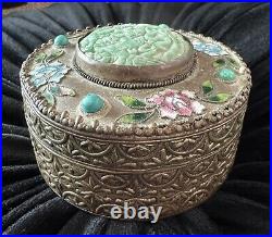 LARGE CHINESE CARVED Green JADE SILVER PLATED ROUND METAL MAKEUP MIRROR JAR BOX