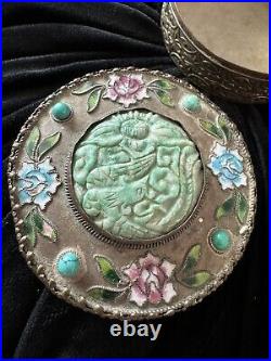 LARGE CHINESE CARVED Green JADE SILVER PLATED ROUND METAL MAKEUP MIRROR JAR BOX