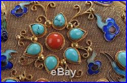 LARGE Chinese Silver Gilt Filigree Enamel Enameled Box Jade Turquoise & Coral