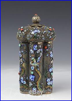 Large Old Chinese Gilded Silver Covered Container Box W Colorful Enamels