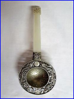 LARGE OLD CHINESE SILVER TEA STRAINER WITH JADE HANDLE-ORIGINAL CONDITION-WithBOX