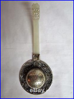 LARGE OLD CHINESE SILVER TEA STRAINER WITH JADE HANDLE-ORIGINAL CONDITION-WithBOX