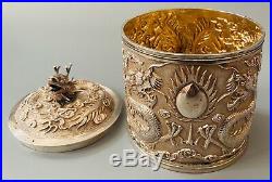 LOVELY SOLID SILVER CHINESE EXPORT DECORATIVE TEA CADDY, SUN SHING C1800 227g