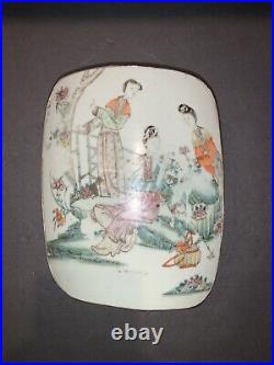 LRG VINTAGE CHINESE SILVER PLATE TRINKET BOX With HAND PAINTED PORCELAIN SHARD LID