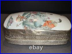 LRG VINTAGE CHINESE SILVER PLATE TRINKET BOX With HAND PAINTED PORCELAIN SHARD LID