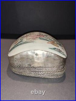 LRG VINTAGE CHINESE SILVER PLATE TRINKET BOX With HAND PAINTED PORCELAIN SHARD LID