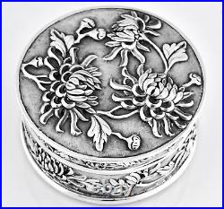 LUEN WO Chinese Export Silver Chrysanthemum Box Clear Marks Original Patina