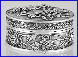 LUEN WO Chinese Export Silver Chrysanthemum Box Clear Marks Original Patina