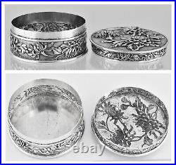 LUEN WO Chinese Export Silver Chrysanthemum Box Clear Marks Original Patina