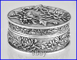 LUEN WO Chinese Export Silver Chrysanthemum Box Clear Marks Original Patina