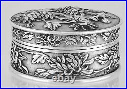 LUEN WO Chinese Export Silver Chrysanthemum Box Clear Marks Original Patina