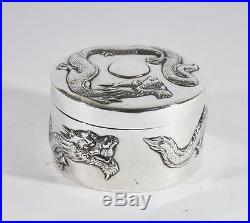 Large 143 Grams Antique Chinese Export Sterling Silver Trinket Box Dragon Sun