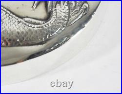 Large 143 Grams Antique Chinese Export Sterling Silver Trinket Box Dragon Sun