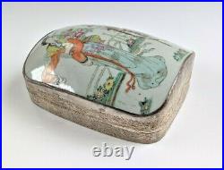 Large Antique Chinese Porcelain Shard Inlaid Silver Plated Copper Box