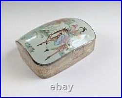 Large Antique Chinese Porcelain Shard Inlaid Silver Plated Copper Box